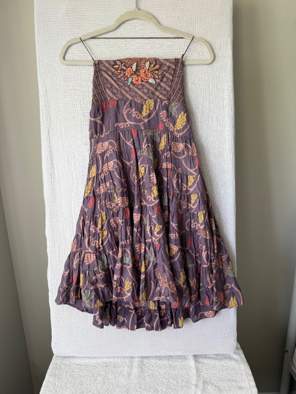 FREE PEOPLE purple dress w/ teal & peach embroidery size 0 Recycled fabric Boho